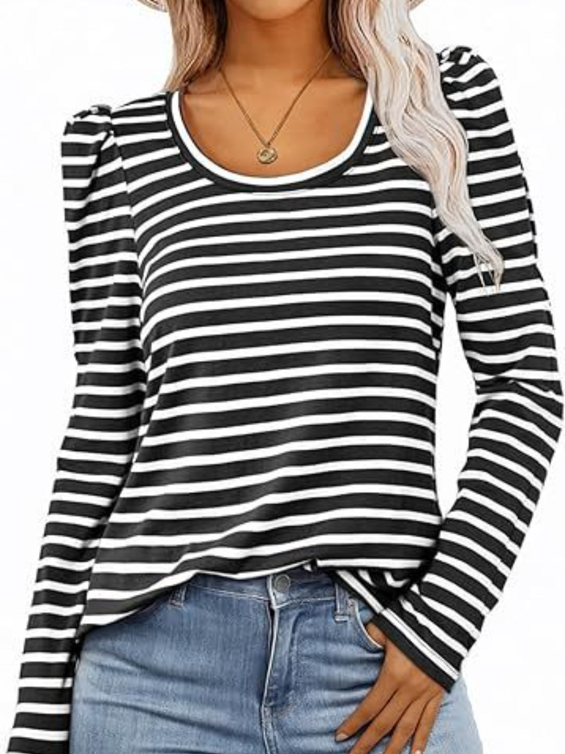 Striped Round Neck Long Sleeve T-Shirt-Angel Casuals