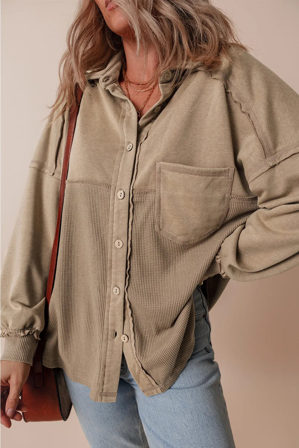 Waffle-Knit Collared Neck Long Sleeve Shacket-Angel Casuals