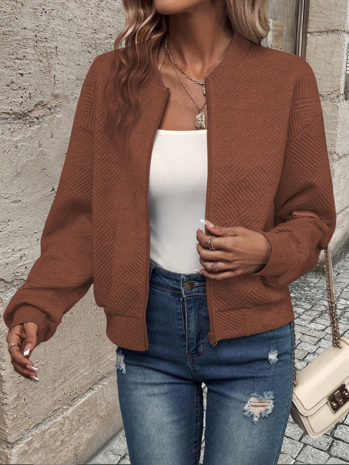 Textured Zip Up Long Sleeve Jacket-Angel Casuals