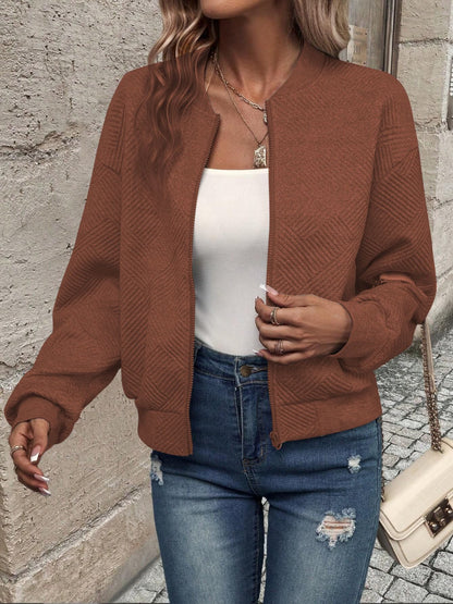 Textured Zip Up Long Sleeve Jacket-Angel Casuals