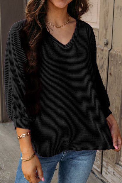 Texture V-Neck Long Sleeve Top-Angel Casuals