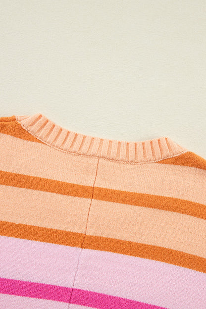Contrast Striped Round Neck Long Sleeve Knit Top-Angel Casuals