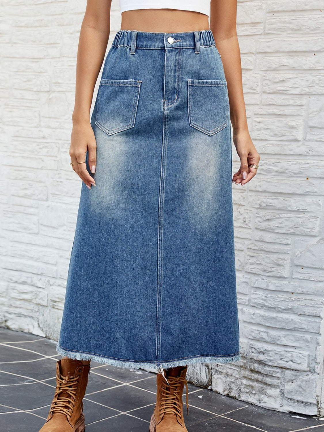 Raw Hem Buttoned Denim Skirt with Pockets-Angel Casuals