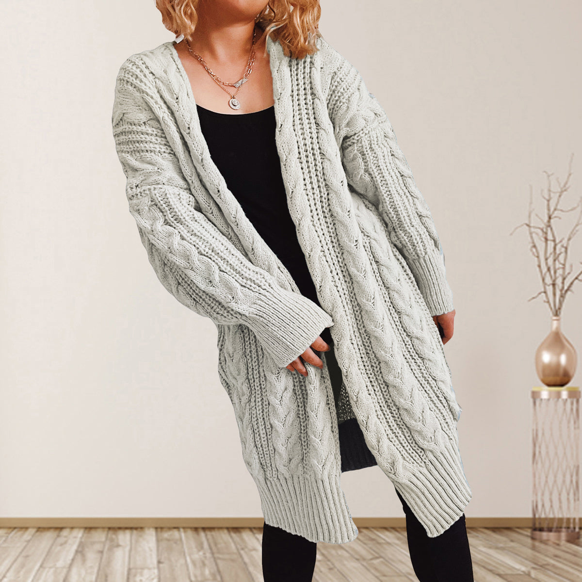 Cable-Knit Open Front Dropped Shoulder Cardigan-Angel Casuals