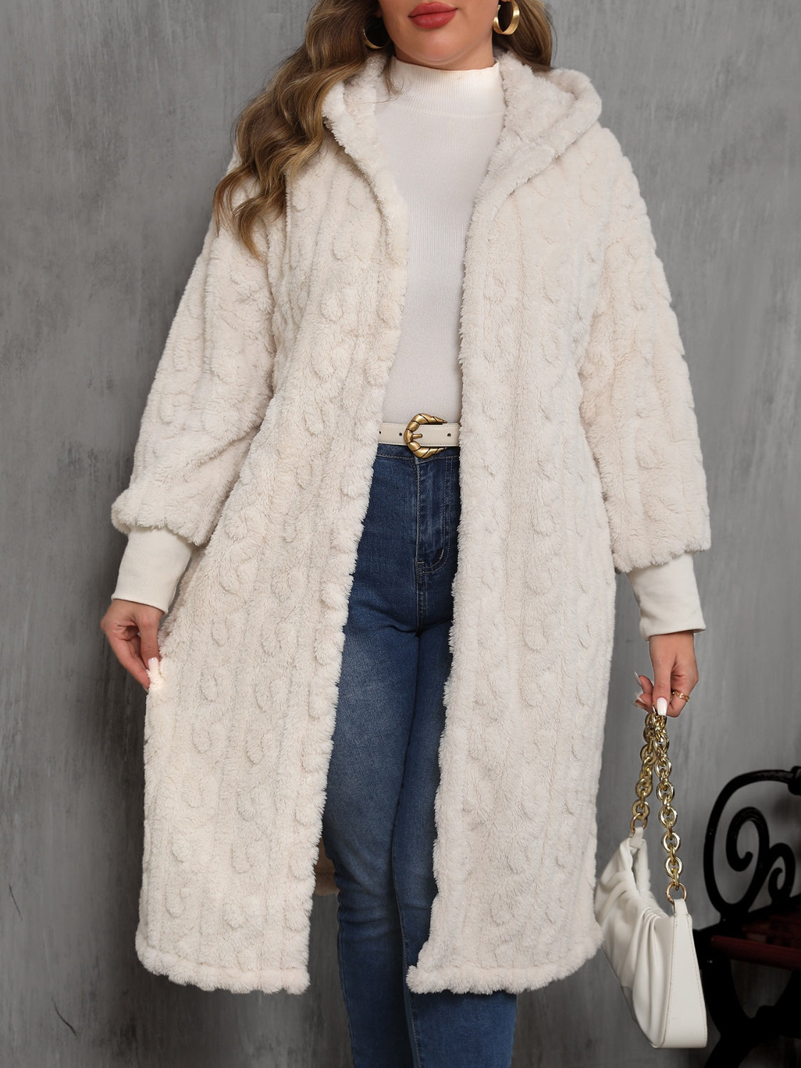 Plus Size Open Front Hooded Plush Coat-Angel Casuals