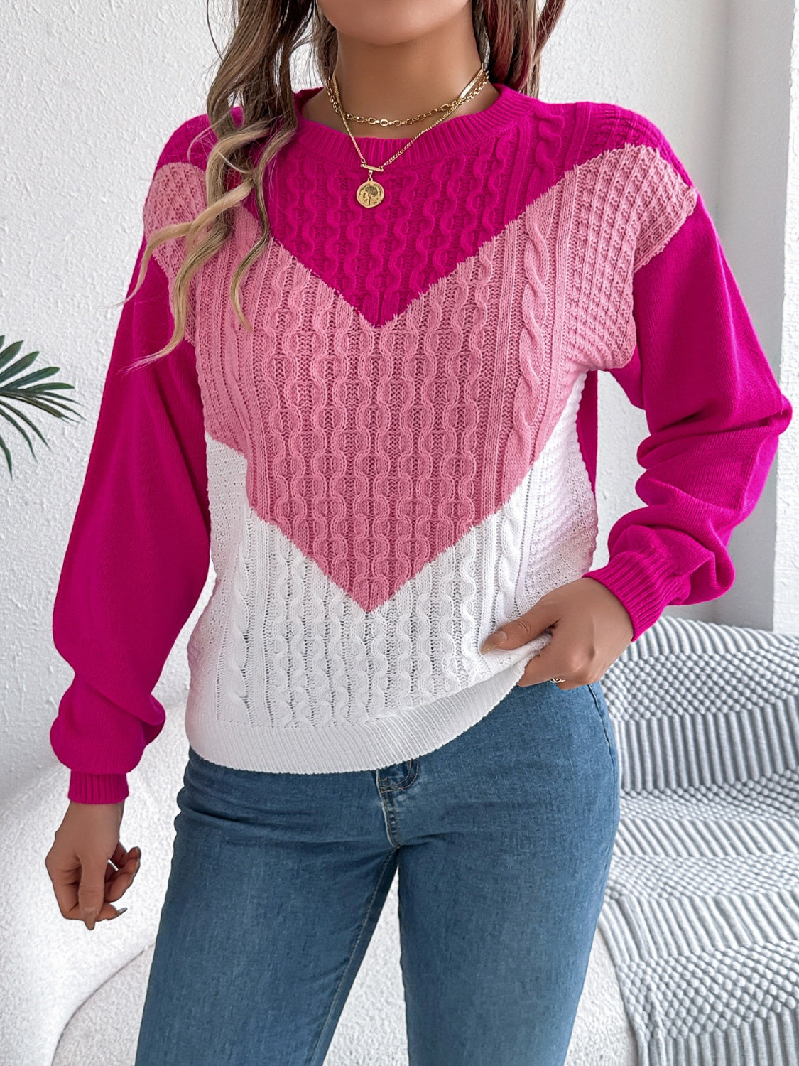 Contrast Round Neck Long Sleeve Sweater-Angel Casuals