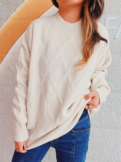 Diamond Round Neck Long Sleeve Sweater-Angel Casuals