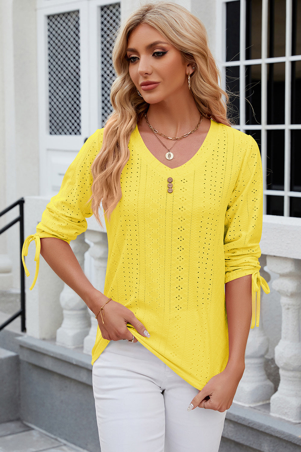 Eyelet Drawstring V-Neck Half Sleeve T-Shirt-Angel Casuals