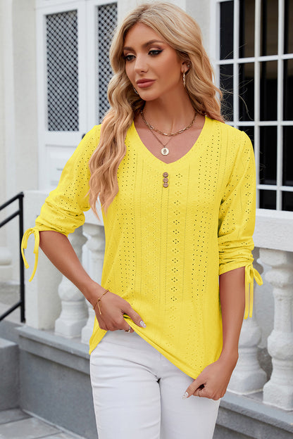 Eyelet Drawstring V-Neck Half Sleeve T-Shirt-Angel Casuals