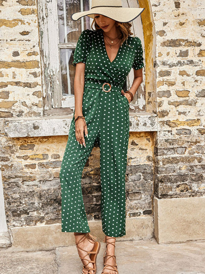 Polka Dot Belted Flounce Sleeve Jumpsuit with Pockets-Angel Casuals