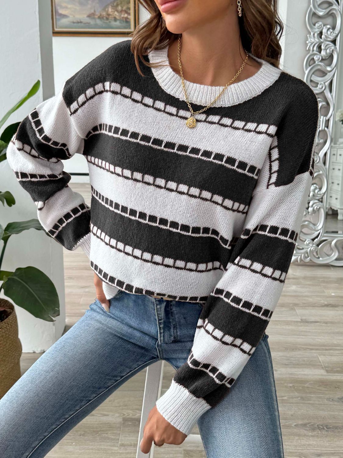 Striped Round Neck Long Sleeve Sweater-Angel Casuals