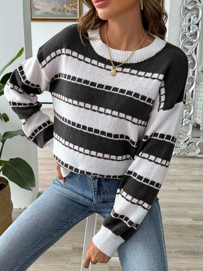 Striped Round Neck Long Sleeve Sweater-Angel Casuals