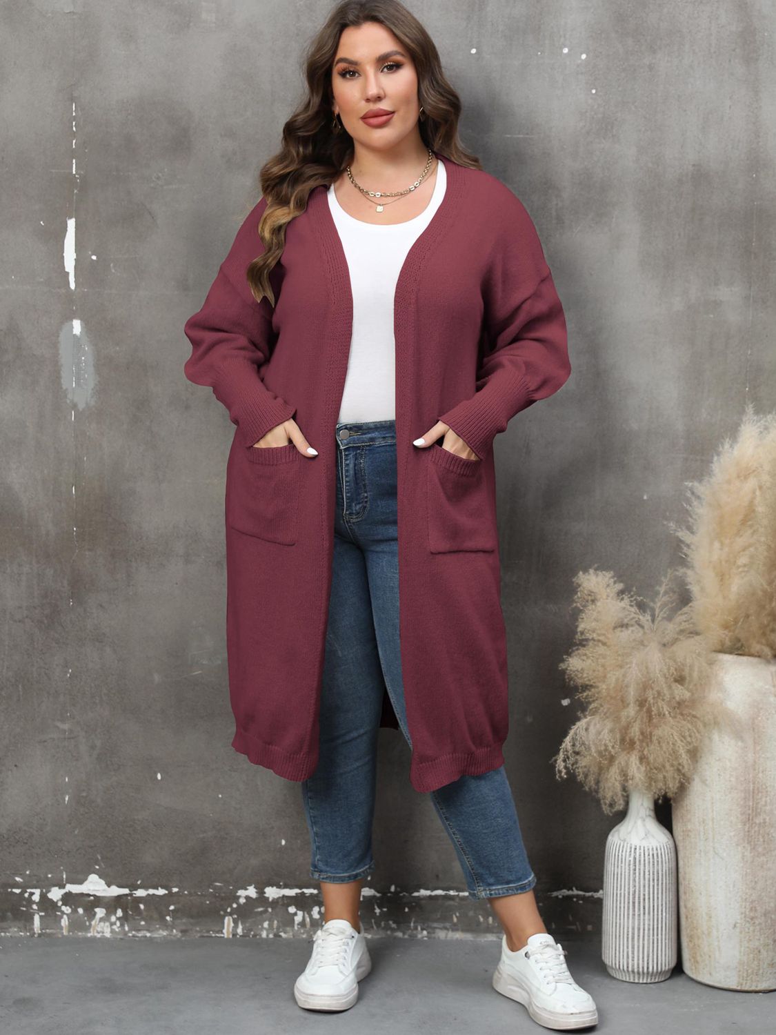 Plus Size Long Sleeve Pocketed Cardigan-Angel Casuals