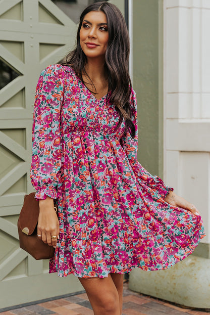 Floral Smocked V-Neck Flounce Sleeve Dress-Angel Casuals