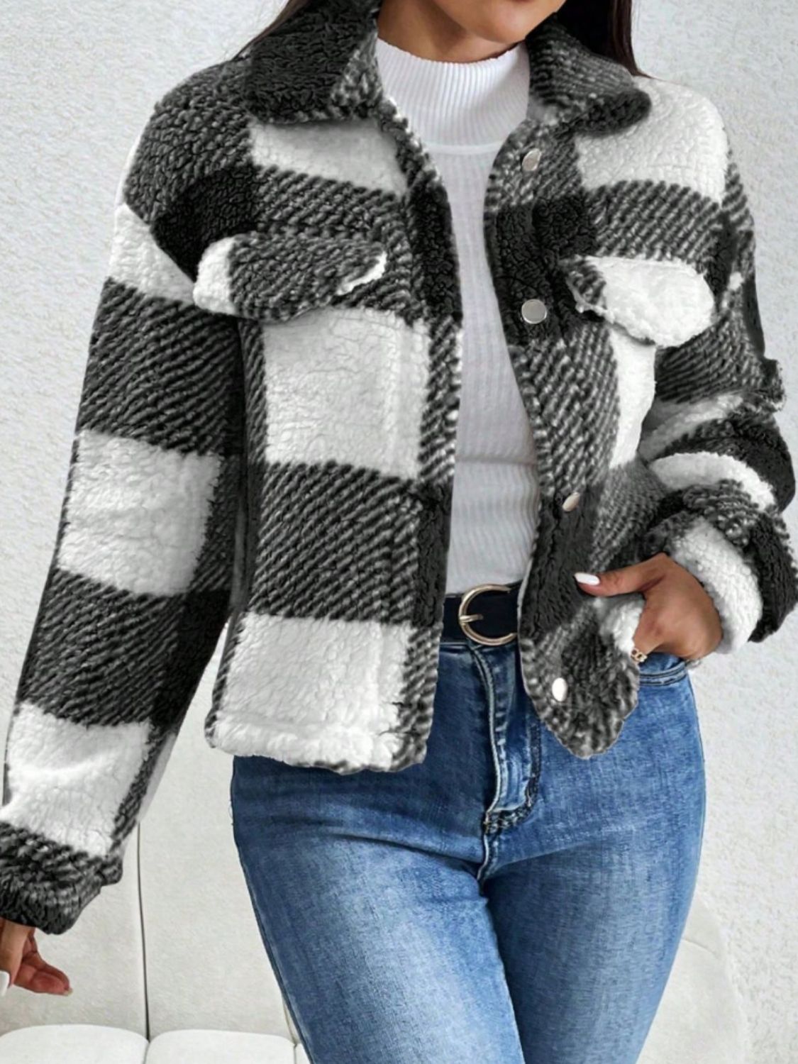 Decorative Pocket Flap Plaid Long Sleeve Jacket-Angel Casuals