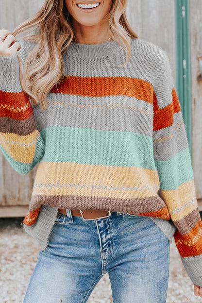 Color Block Round Neck Dropped Shoulder Sweater-Angel Casuals