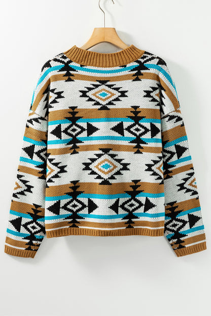 Geometric Round Neck Long Sleeve Sweater-Angel Casuals