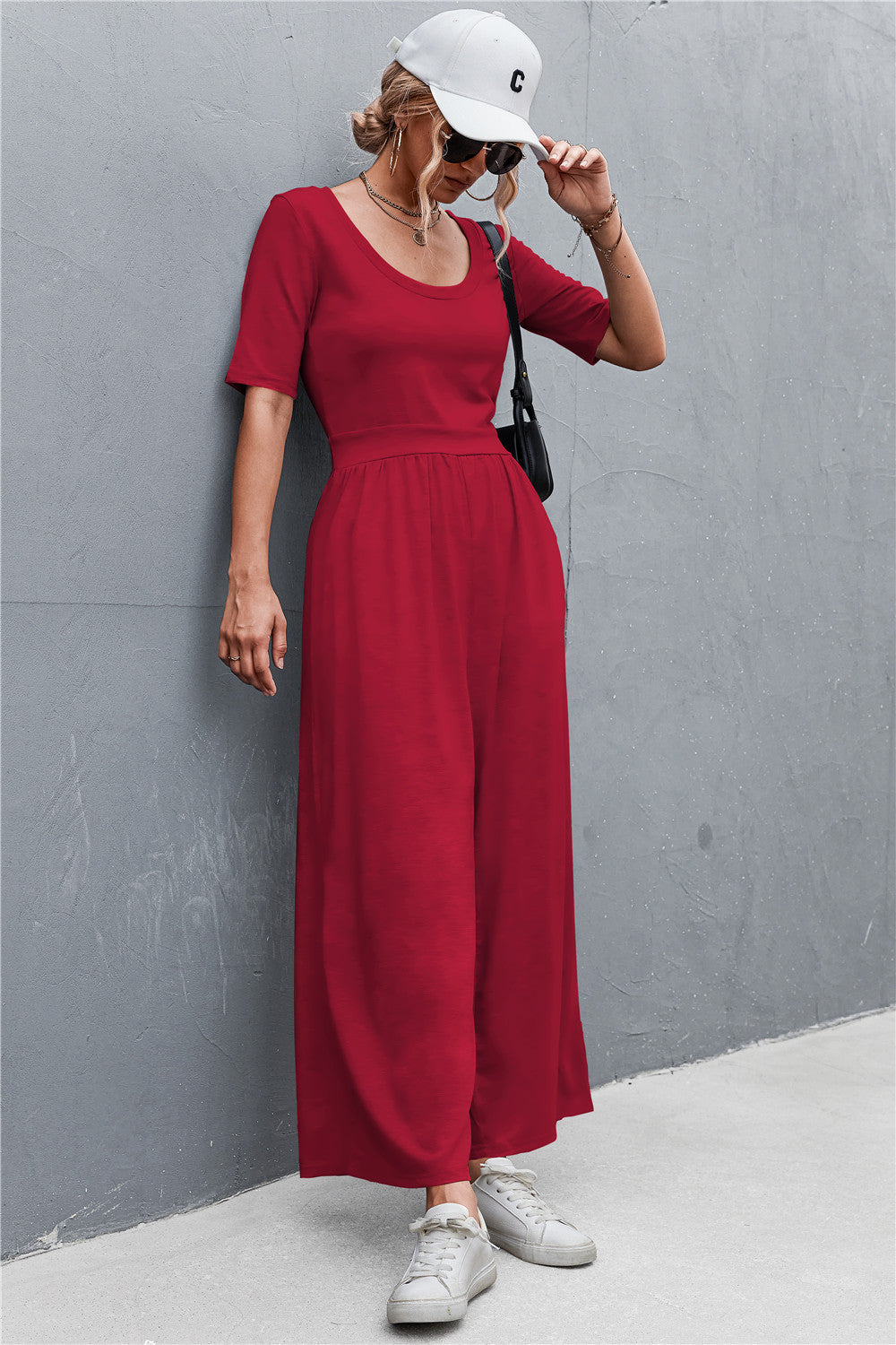 Scoop Neck Half Sleeve Wide Leg Jumpsuit-Angel Casuals