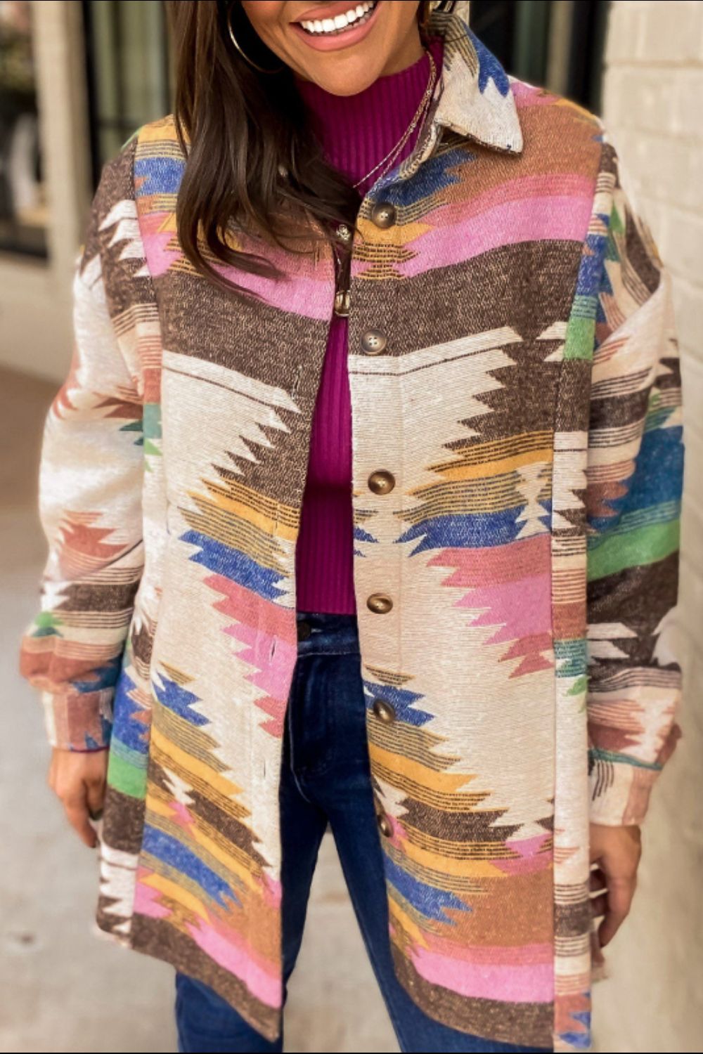 Geometric Button Up Long Sleeve Jacket-Angel Casuals