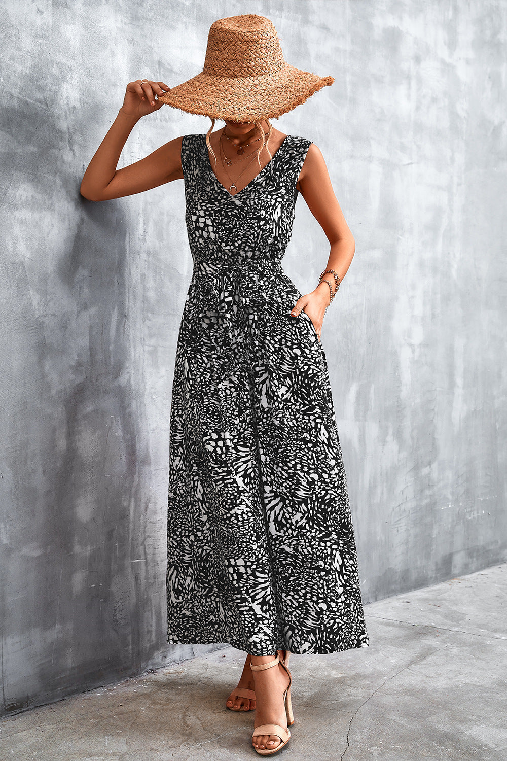 Printed V-Neck Tie Waist Maxi Dress-Angel Casuals