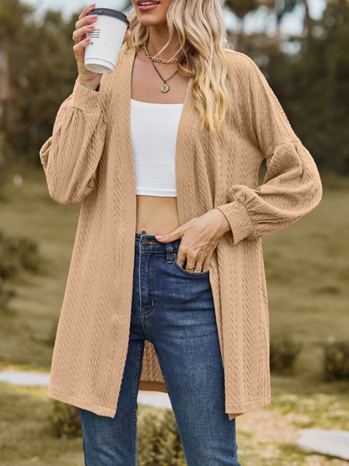 Textured Open Front Dropped Shoulder Cardigan-Angel Casuals