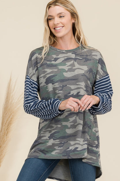 Celeste Full Size Camo Print High-Low T-Shirt with Stripe Sleeves-Angel Casuals