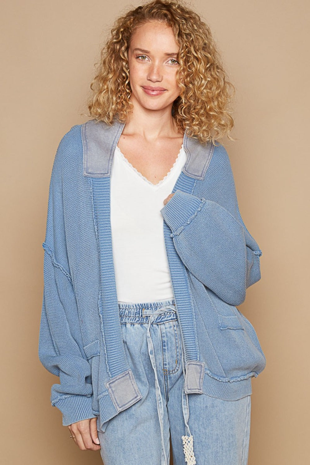 POL Open Front Washed Knit Cardigan with Pockets-Angel Casuals