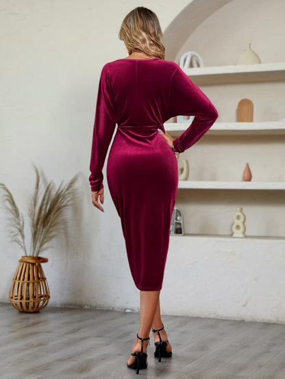 V-Neck Long Sleeve Tulip Hem Dress-Angel Casuals