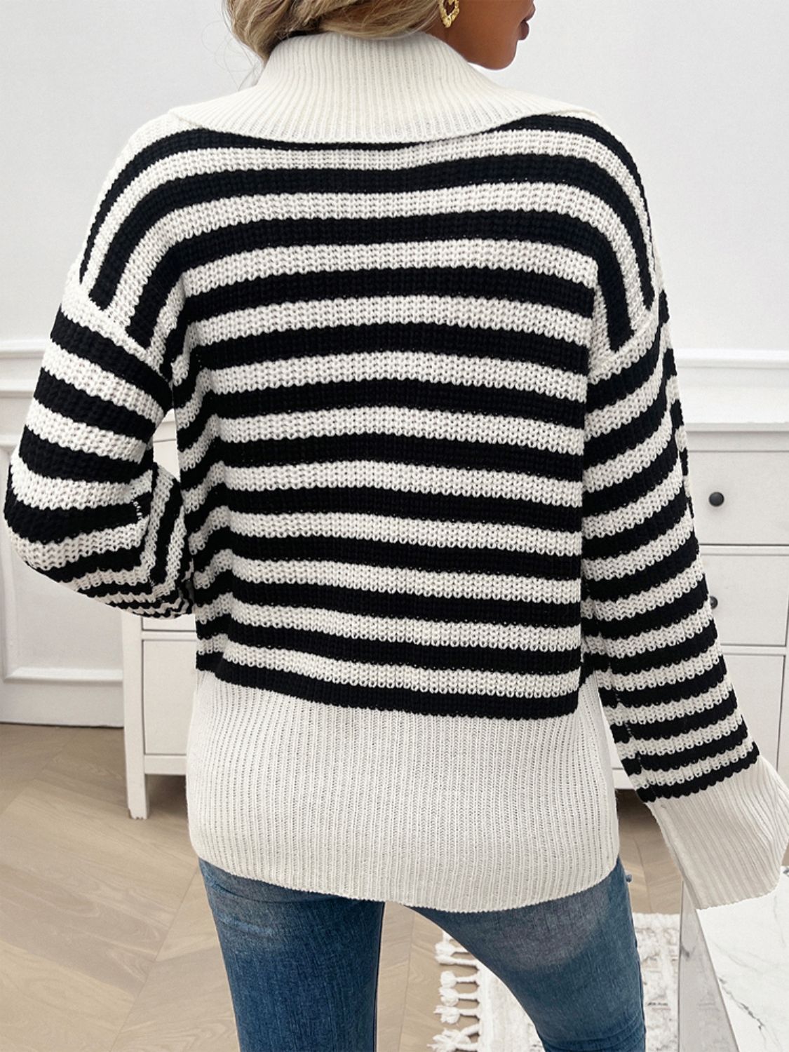 Devine Striped Collared Neck Long Sleeve Sweater-Angel Casuals
