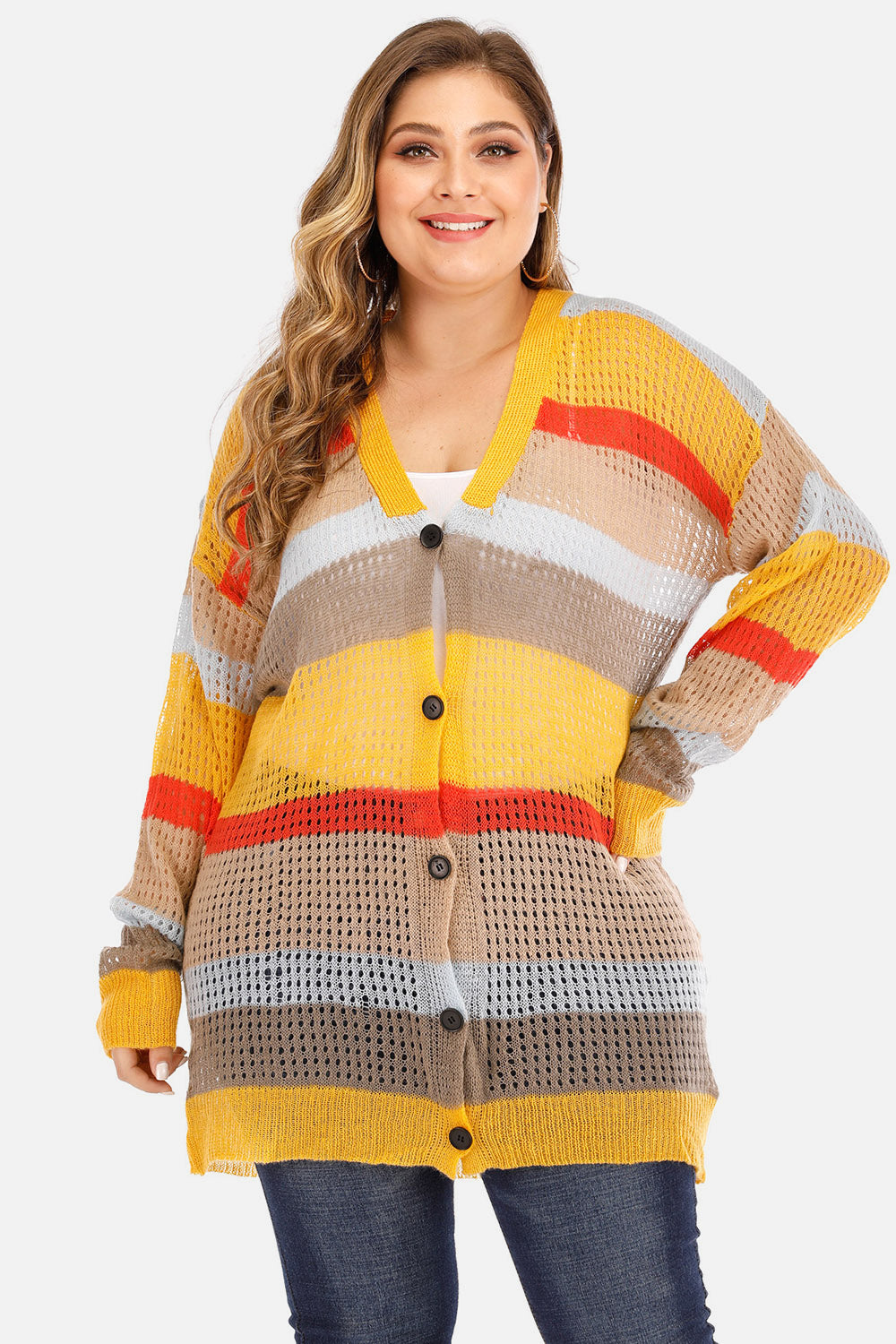 Plus Openwork Color Block Button Up Cardigan-Angel Casuals