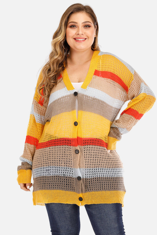 Plus Openwork Color Block Button Up Cardigan-Angel Casuals