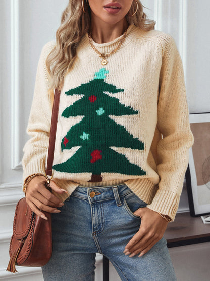 Christmas Tree Round Neck Raglan Sleeve Sweater-Angel Casuals