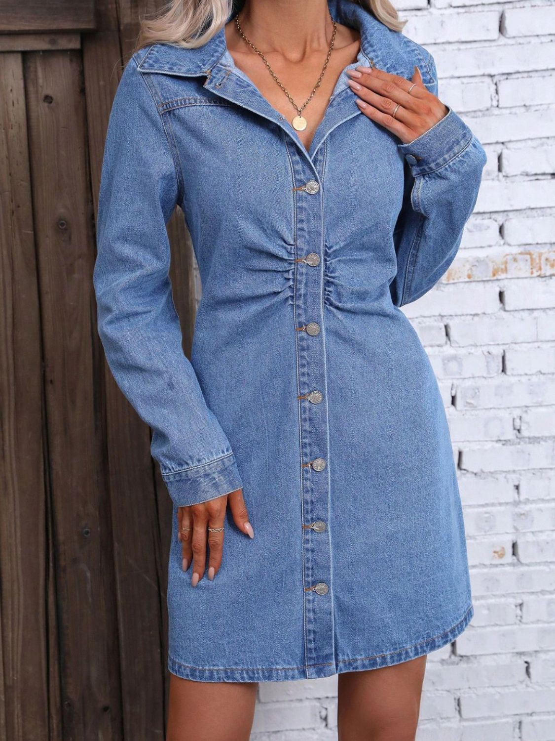 Ruched Button Up Long Sleeve Denim Dress-Angel Casuals