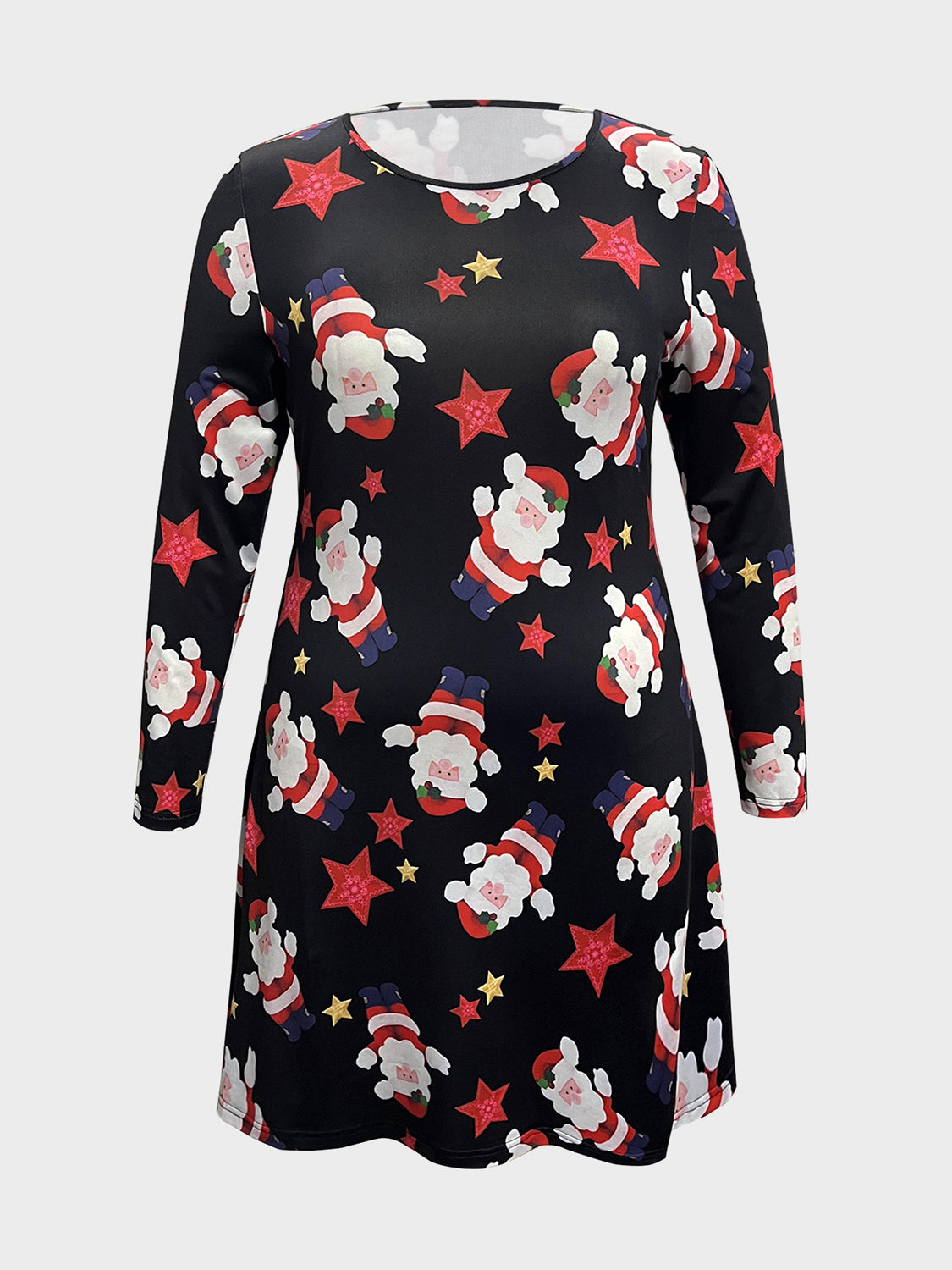 Plus Size Santa Printed Round Neck Dress-Angel Casuals