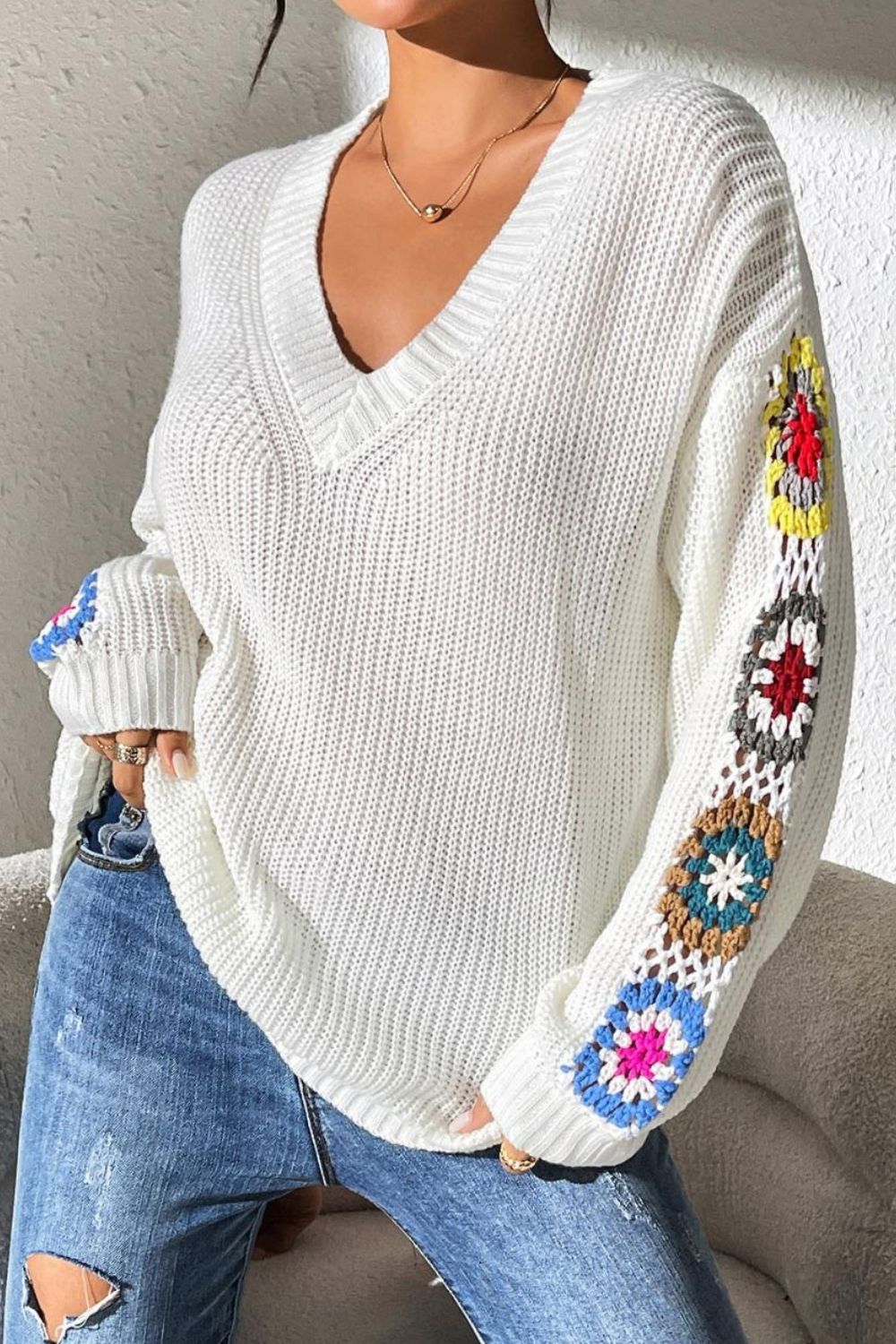 Crochet Flower V-Neck Sweater-Angel Casuals