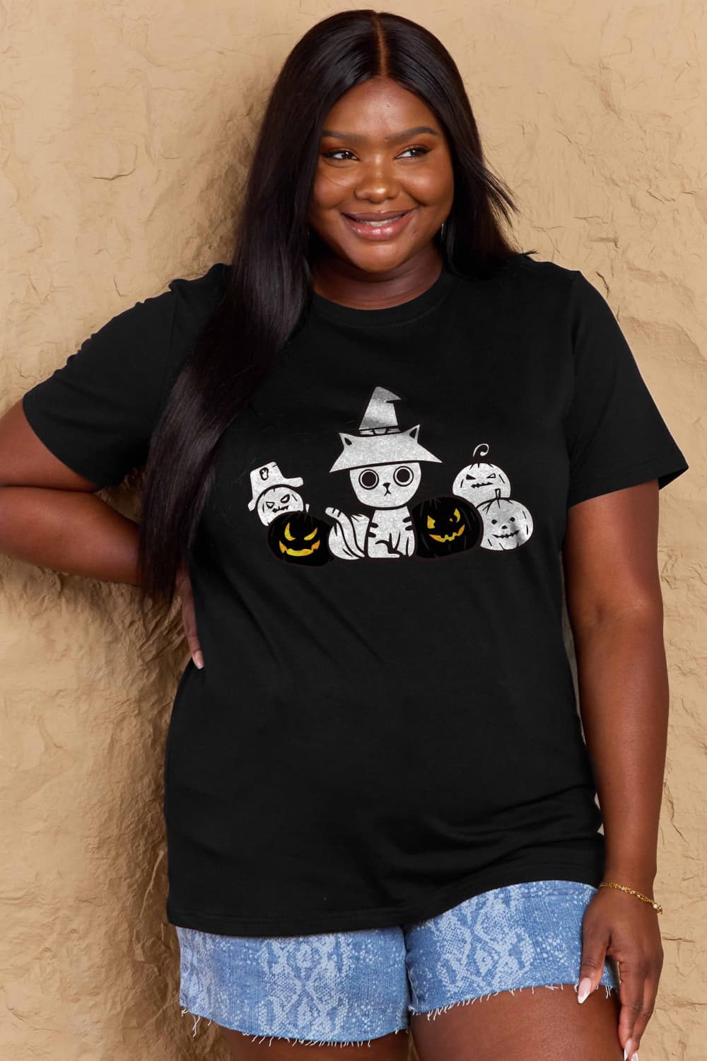 Simply Love Full Size Cat & Pumpkin Graphic Cotton T-Shirt-Angel Casuals