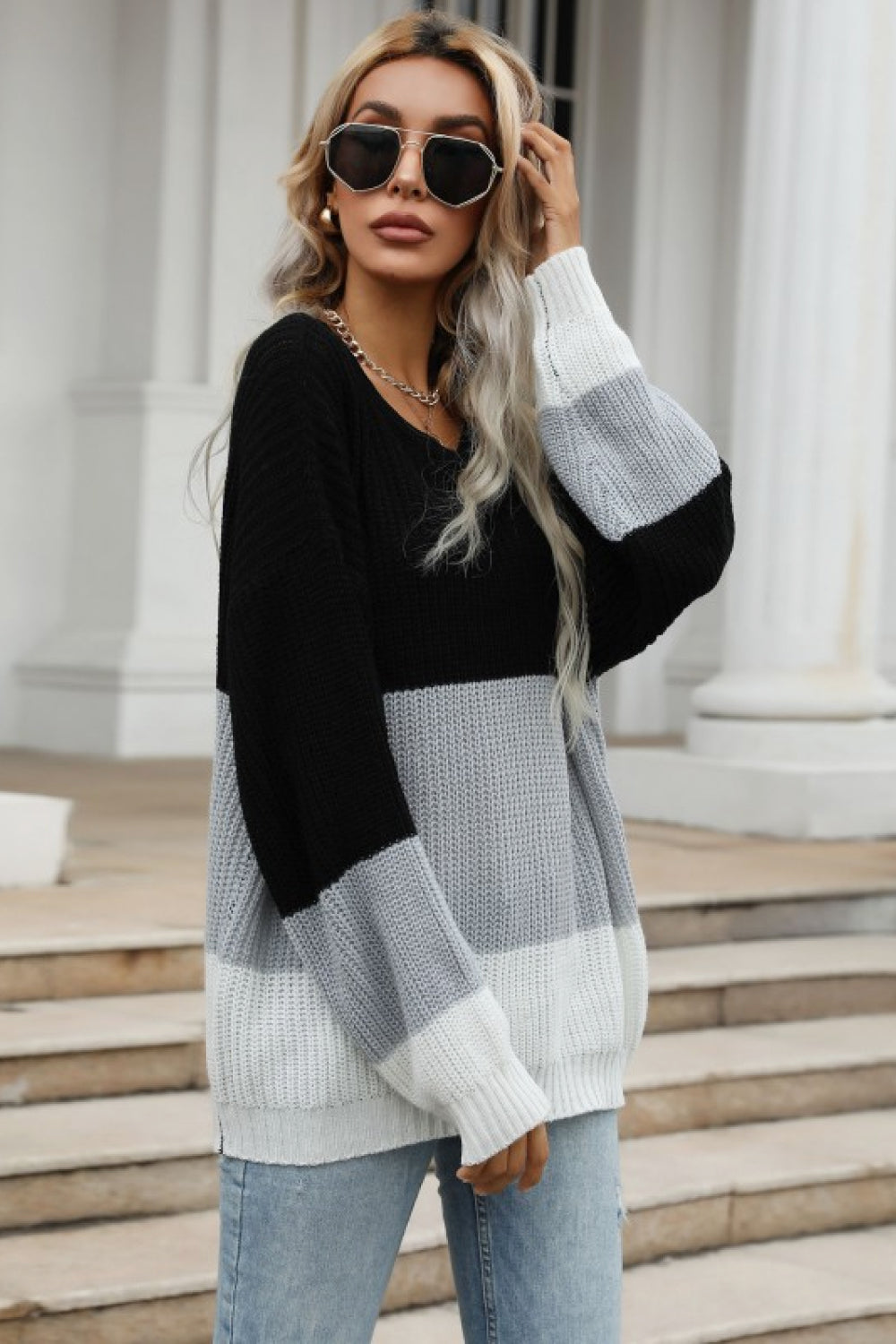 Perfee Color Block Long Sleeve Chunky Knit Sweater-Angel Casuals