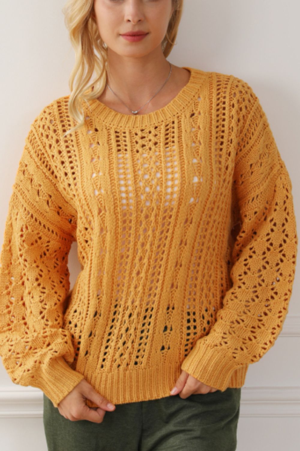 Openwork Round Neck Drop Shoulder Sweater-Angel Casuals