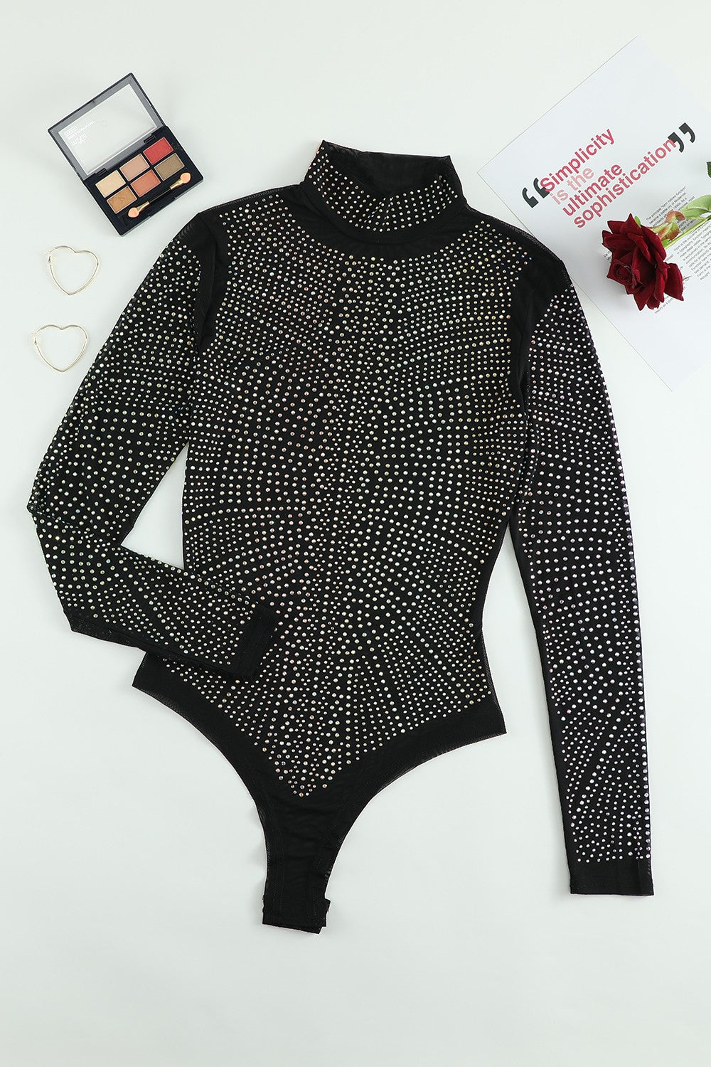 Rhinestone Mock Neck Long Sleeve Bodysuit-Angel Casuals