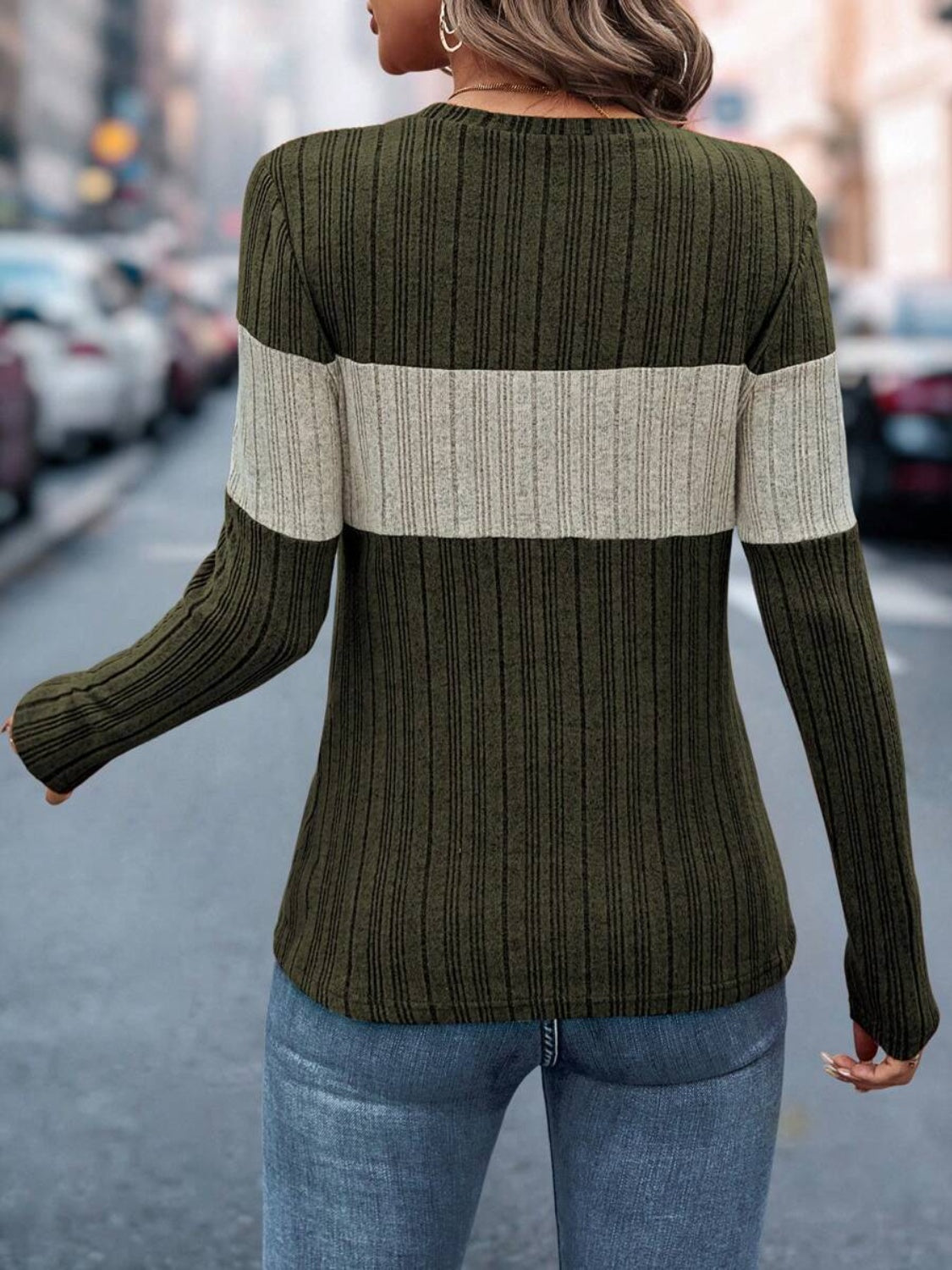 Color Block Round Neck Long Sleeve Top-Angel Casuals