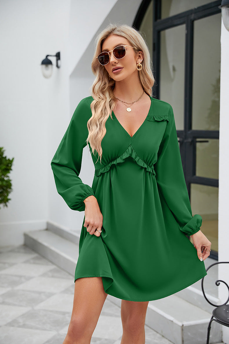 Frill Trim V-Neck Long Sleeve Dress-Angel Casuals