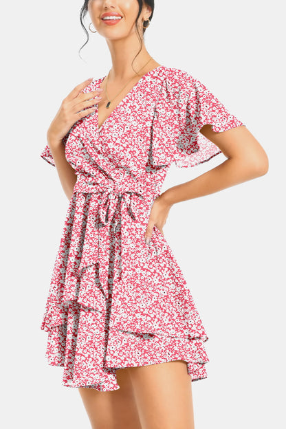 Surplice Neck Flutter Sleeve Dress-Angel Casuals