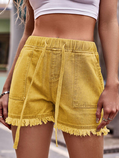 Drawstring Raw Hem Denim Shorts-Angel Casuals