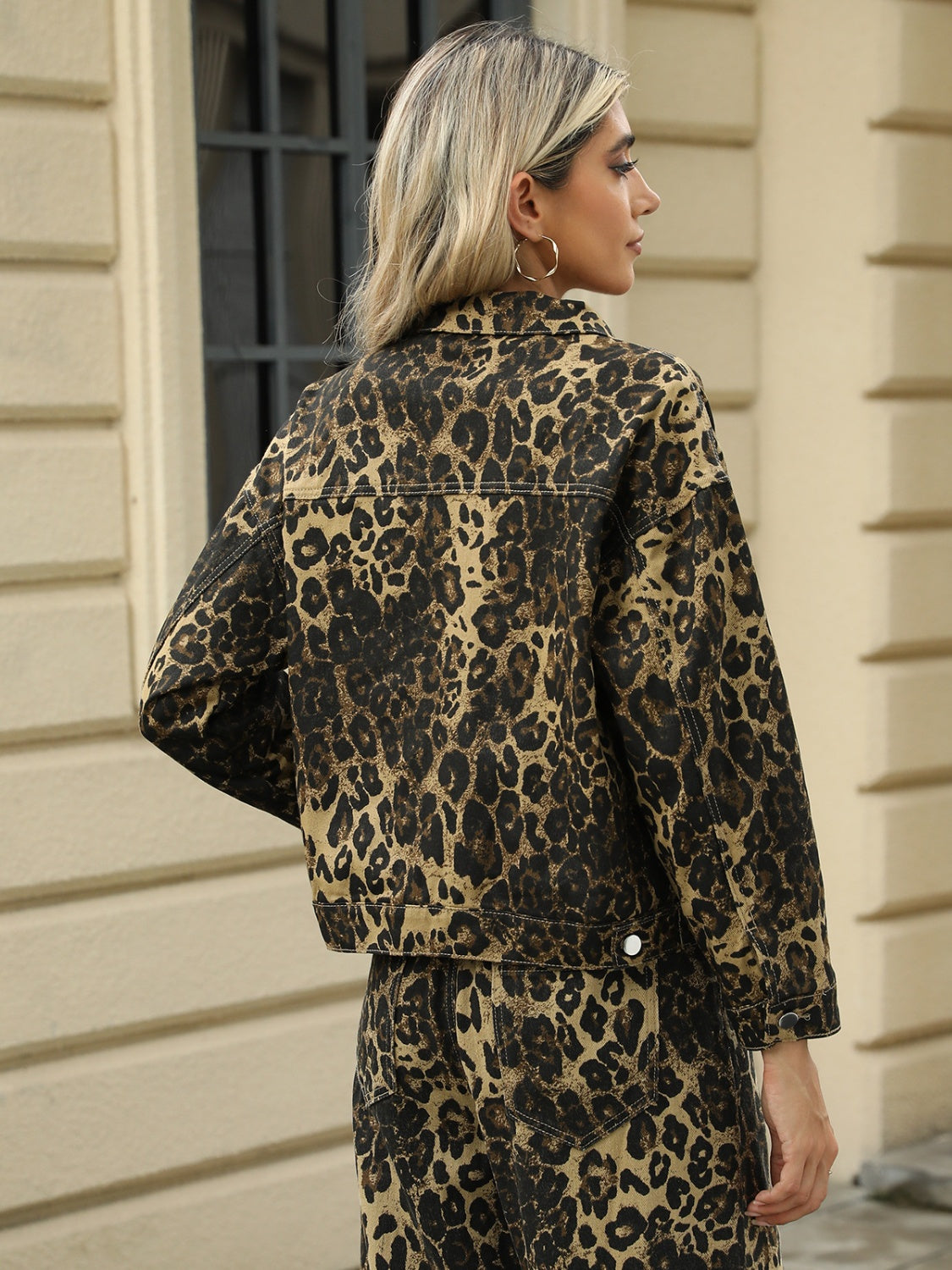 Pocketed Leopard Long Sleeve Denim Jacket-Angel Casuals