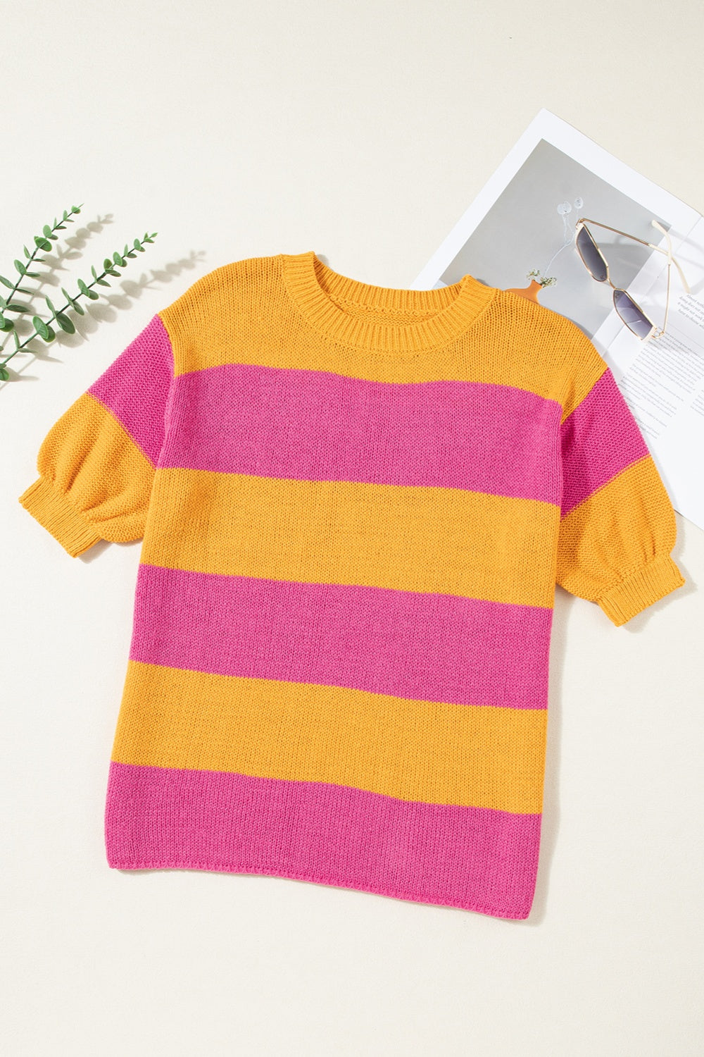 Color Block Round Neck Short Sleeve Knit Top-Angel Casuals