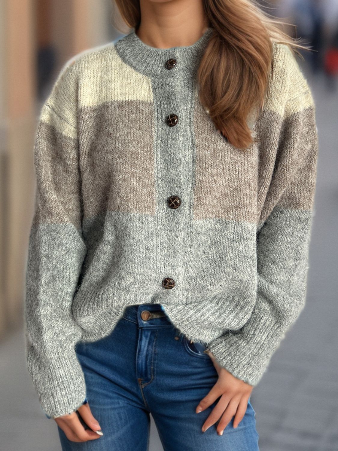 Color Block Round Neck Button Up Cardigan-Angel Casuals