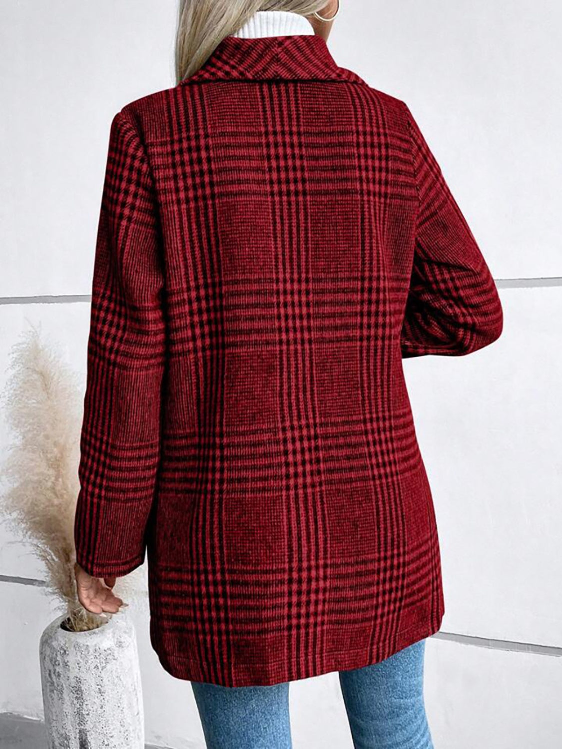 Plaid Collared Neck Long Sleeve Jacket-Angel Casuals