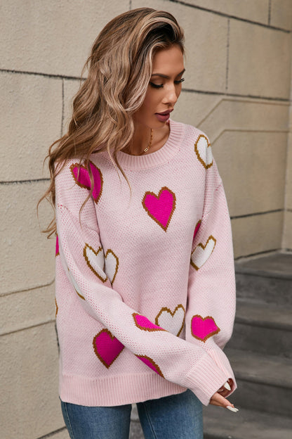 Angel Wings Contrast Heart Round Neck Long Sleeve Sweater-Angel Casuals