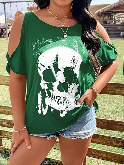 Plus Size Skeleton Graphic Round Neck Cold Shoulder T-Shirt-Angel Casuals