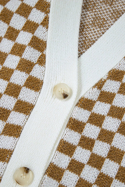 Checkered V-Neck Long Sleeve Cardigan-Angel Casuals